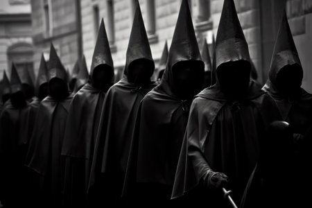 Black and white image of a group of people in the procession of the Holy Week in Sevilleの素材