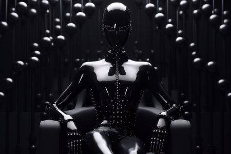 3d render of mannequin in black suit sitting on the chairの素材