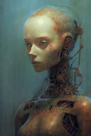 A closeup shot of an ancient female robot in a dark roomの素材