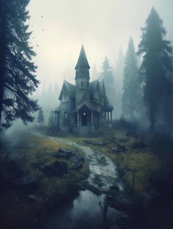 Wooden church in the foggy forest. Digital painting style.の素材