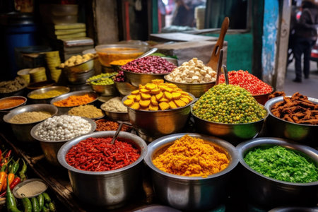 Colorful spices and herbs at a street food market in India.の素材