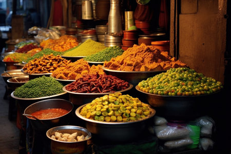 Variety of spices and herbs on the bazaar in India.の素材