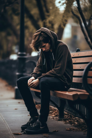 Young man sitting on a bench in the park and listening to musicの素材
