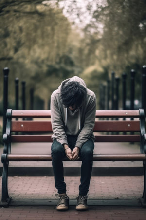 Depressed Asian man sitting on the bench in the city. Sadness concept.の素材