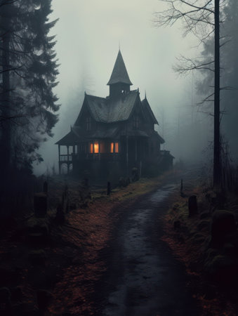 Old wooden house in the foggy forest. Halloween horror scene.の素材