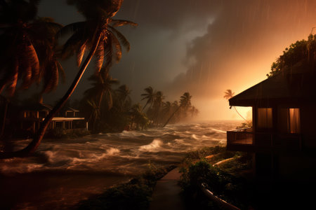 Tropical rainforest with palm trees and house at night.の素材