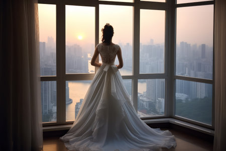 Beautiful bride in a white wedding dress standing near the window and looking at the cityの素材
