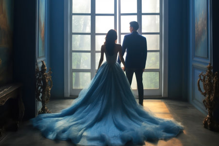 Wedding couple inside the old castle. The bride and groom are looking out the window.の素材