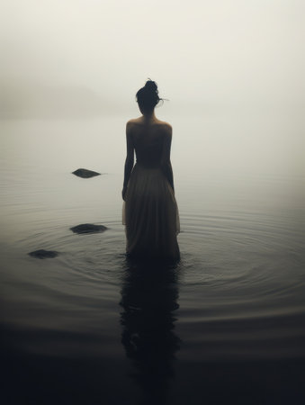 Silhouette of a woman in the water on a foggy dayの素材