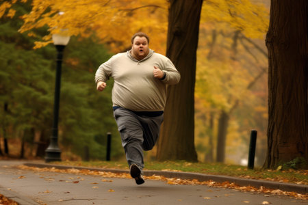 Fat man running in autumn park. Healthy lifestyle and sport concept.の素材