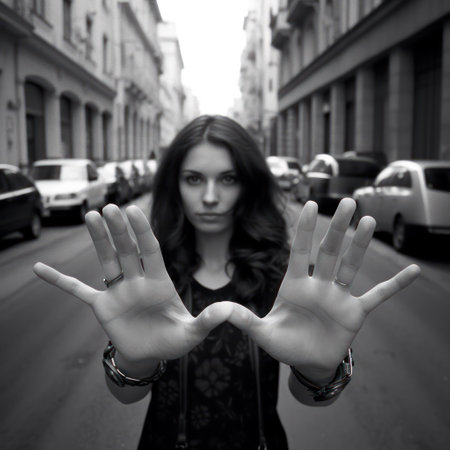 Black and white portrait of a beautiful young woman making stop sign with her handsの素材