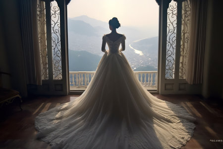 Beautiful bride in wedding dress posing in her room at sunset.の素材