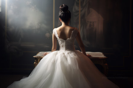 Beautiful bride in white wedding dress sitting on a chair in the roomの素材