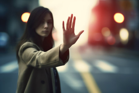 Young woman in the city showing stop sign with bokeh backgroundの素材
