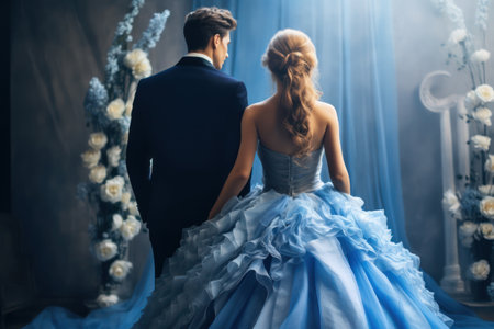 Beautiful bride and groom in wedding dress on the background of blue curtainsの素材