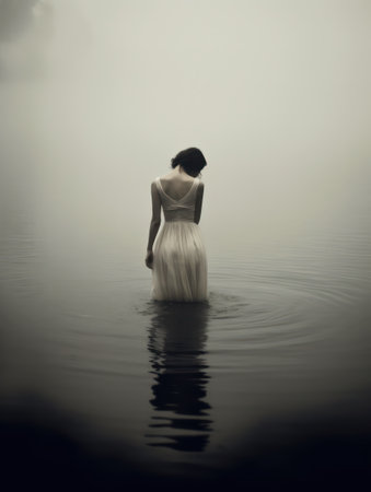 Beautiful bride in a white dress standing in a foggy lakeの素材