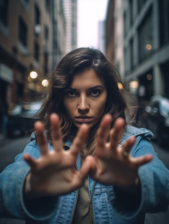 Beautiful young brunette woman in jeans jacket making stop gesture on the streetの素材
