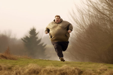 Handsome young man running in a foggy field in winterの素材