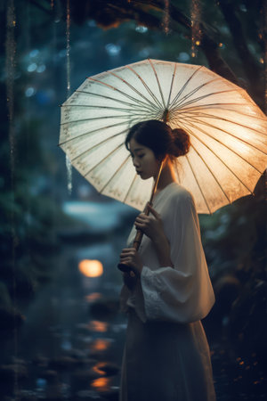 Beautiful asian woman in white kimono with umbrella in rain forestの素材
