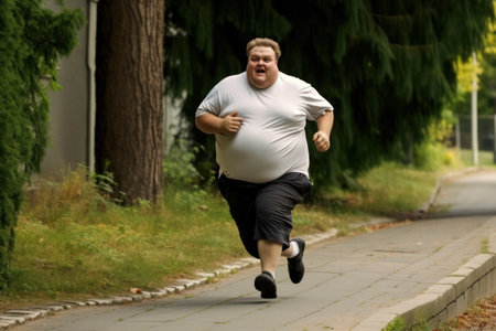 Fat man running in the park. Concept of healthy lifestyle and sport.の素材