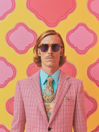 Portrait of a handsome young man in pink suit and sunglasses on a colorful backgroundの素材