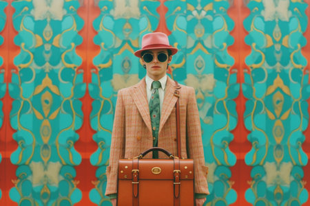 Portrait of a man in a red hat and sunglasses with a suitcaseの素材