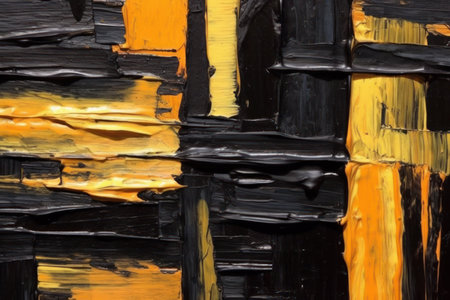 abstract background - black and yellow paint strokes on a wooden boardの素材