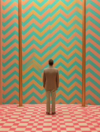 Rear view of a man standing in front of a striped wall.の素材