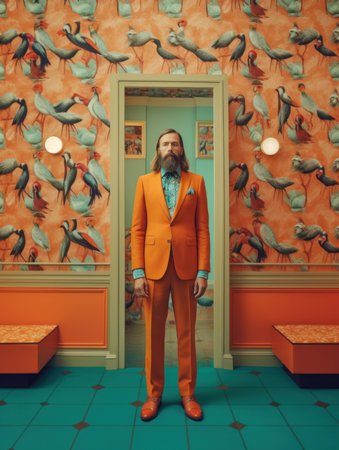 Bearded man with long beard and mustache in orange suit in museumの素材