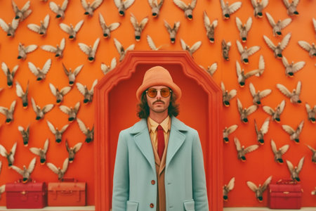 Portrait of a stylish young man in a blue coat, red hat and sunglasses against the background of an orange wall with birdsの素材