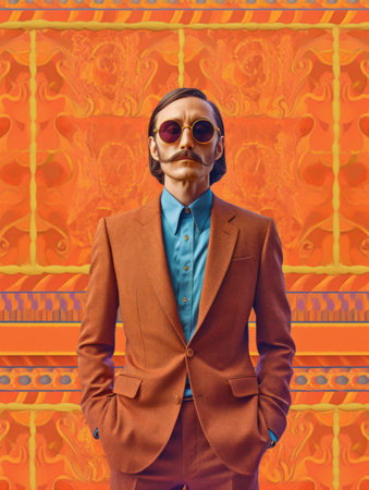 Portrait of a man in a vintage suit and sunglasses on an orange backgroundの素材