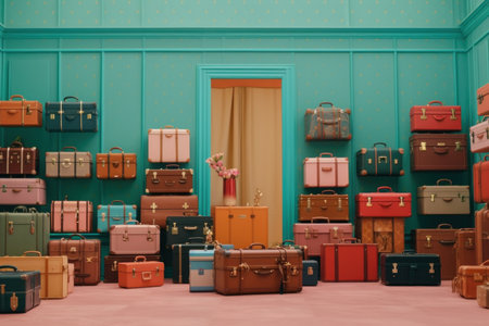 Colorful suitcases in vintage room interior. Retro style toneの素材