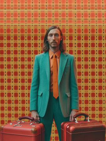 Portrait of a handsome man in a green suit and orange tie, standing with two red vintage suitcases on the background of a red wallの素材