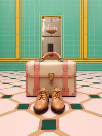 Suitcase and shoes on the floor in a room with green tilesの素材