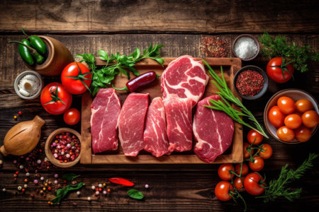 Raw meat with spices and vegetables on a wooden background. Select focus.の素材
