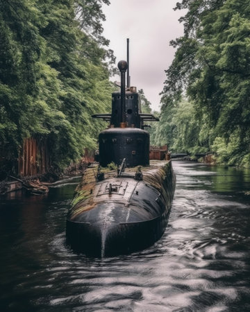 Submarine on the river in the forest. Submarine in the forest.の素材