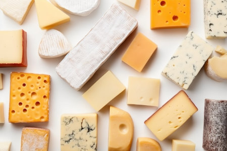 Different types of cheese on white background, top view. Dairy productsの素材