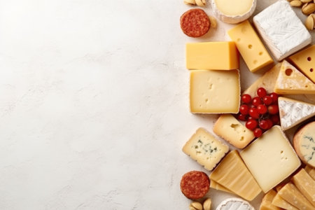 Assortment of cheese on white background, top view, copy spaceの素材