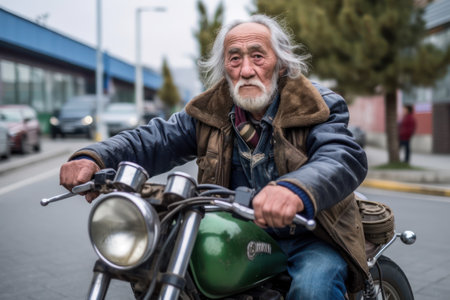Handsome old man with gray beard and mustache sitting on motobike.の素材