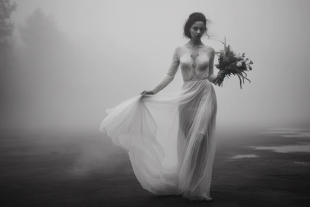 Black and white image of a beautiful bride with a bouquet of flowers in the fogの素材