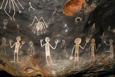 Fossil painting of the people in the cave. The cave is located on the island of Kunashir.の素材