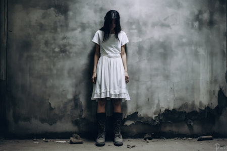 Portrait of a beautiful young woman in a white dress and bootsの素材