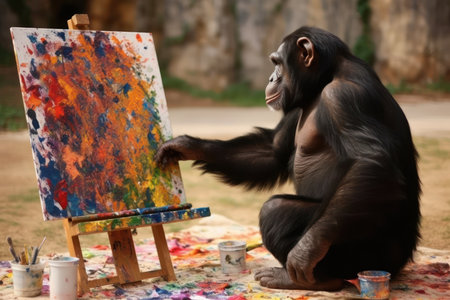 Chimpanzee sitting in front of easel and painting pictureの素材
