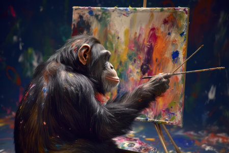Chimpanzee sitting in front of an easel and paintingの素材
