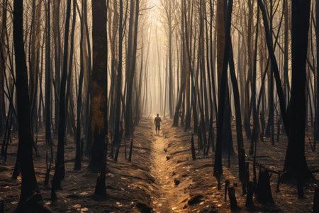 Mysterious foggy forest with a man walking on a pathの素材