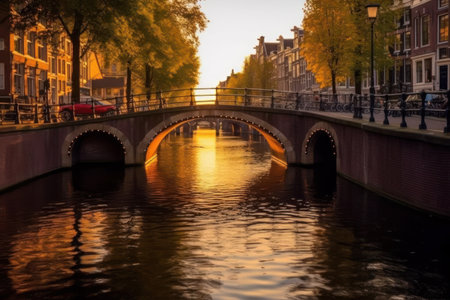 Amsterdam canals at sunset, Netherlands. Amsterdam is the capital and most populous city of the Netherlands.の素材