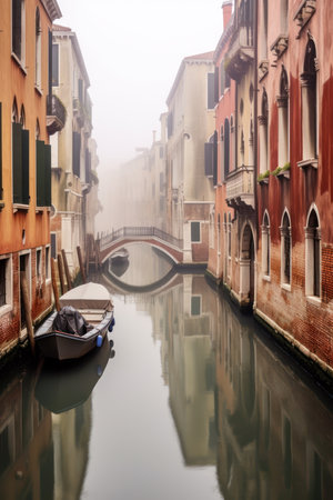 Beautiful view of Venice canal in foggy morning, Italy.の素材