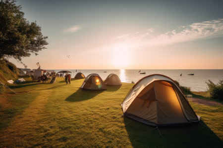 Camping on the beach at sunset. Camping on the beach.の素材