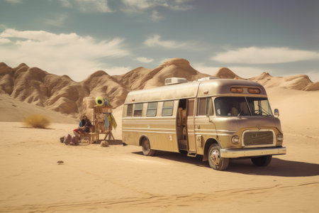 Vintage camper van in the middle of the Sahara desert, Moroccoの素材