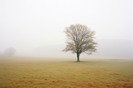 A single tree in a misty meadow on a foggy morningの素材